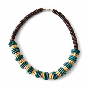 Vintage Chunky Wooden Turquoise Cream Brown Flat Beads Necklace Boho